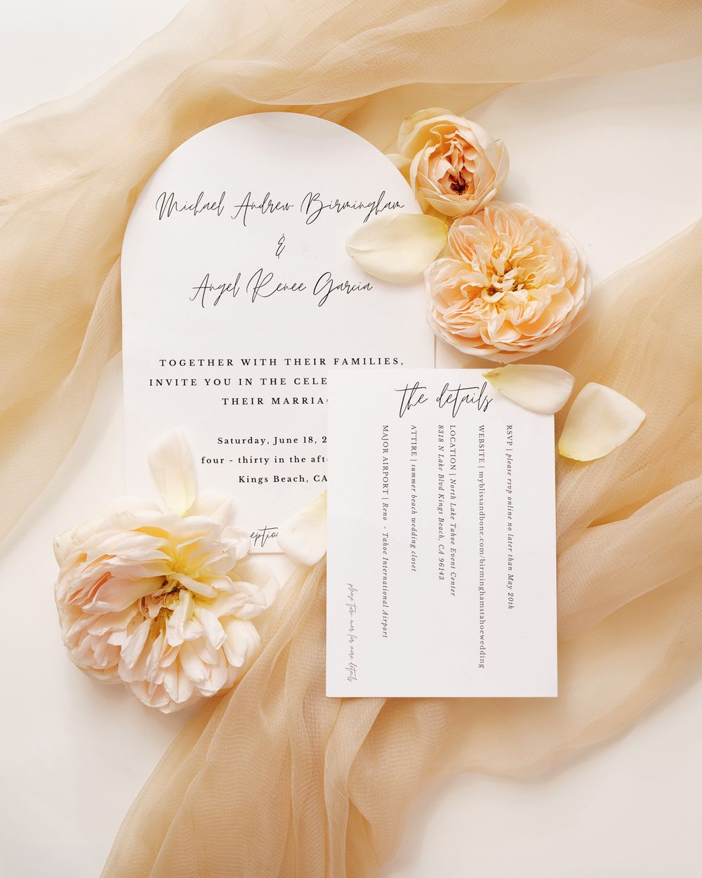 Beige wedding invitation flatlay with roses at North Lake Tahoe Event Center