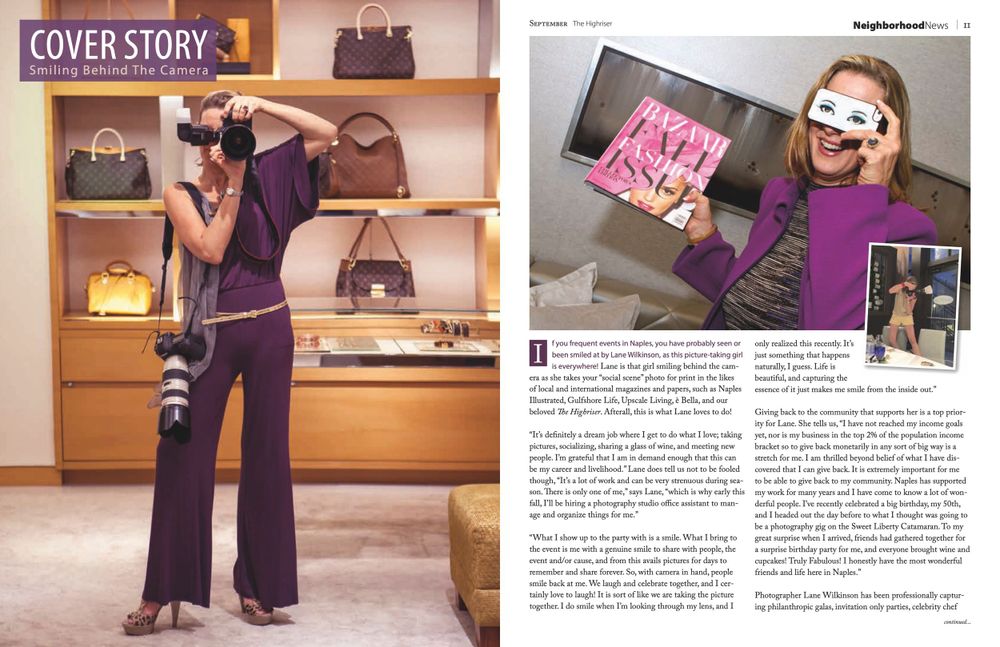Woman in purple jumpsuit poses with camera in luxury store for The Highriser magazine cover story.