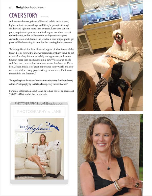 The Highriser magazine cover story featuring a blonde woman photographer with her white dog in a bright studio.