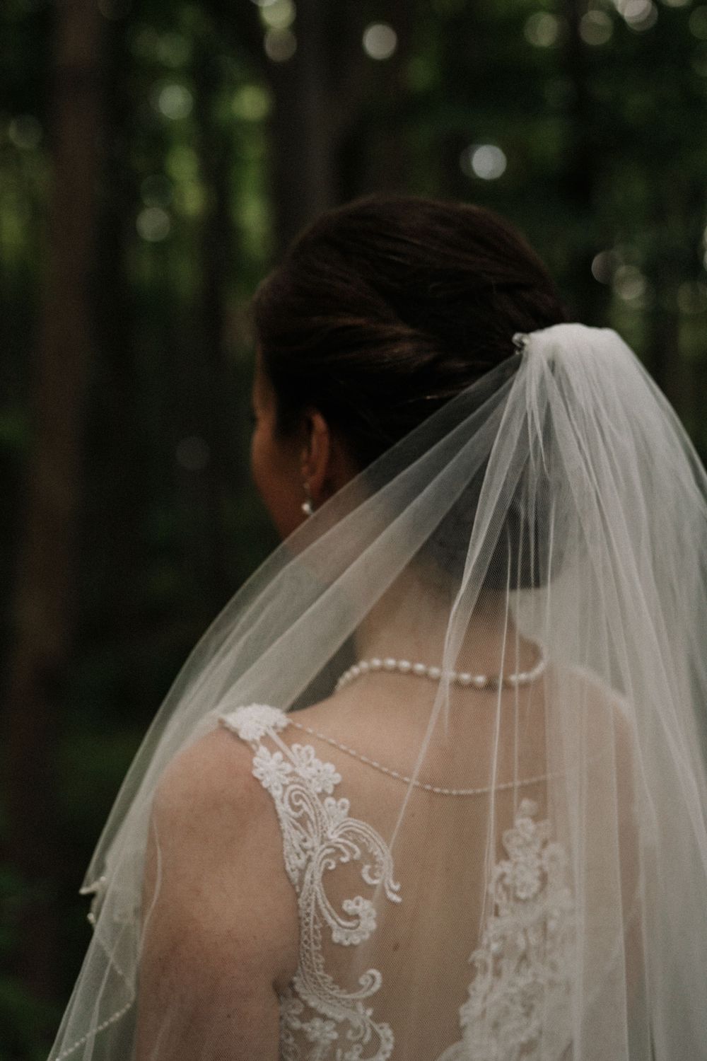Close-up of wedding dress back detail showing intricate lace pattern and flowing veil.