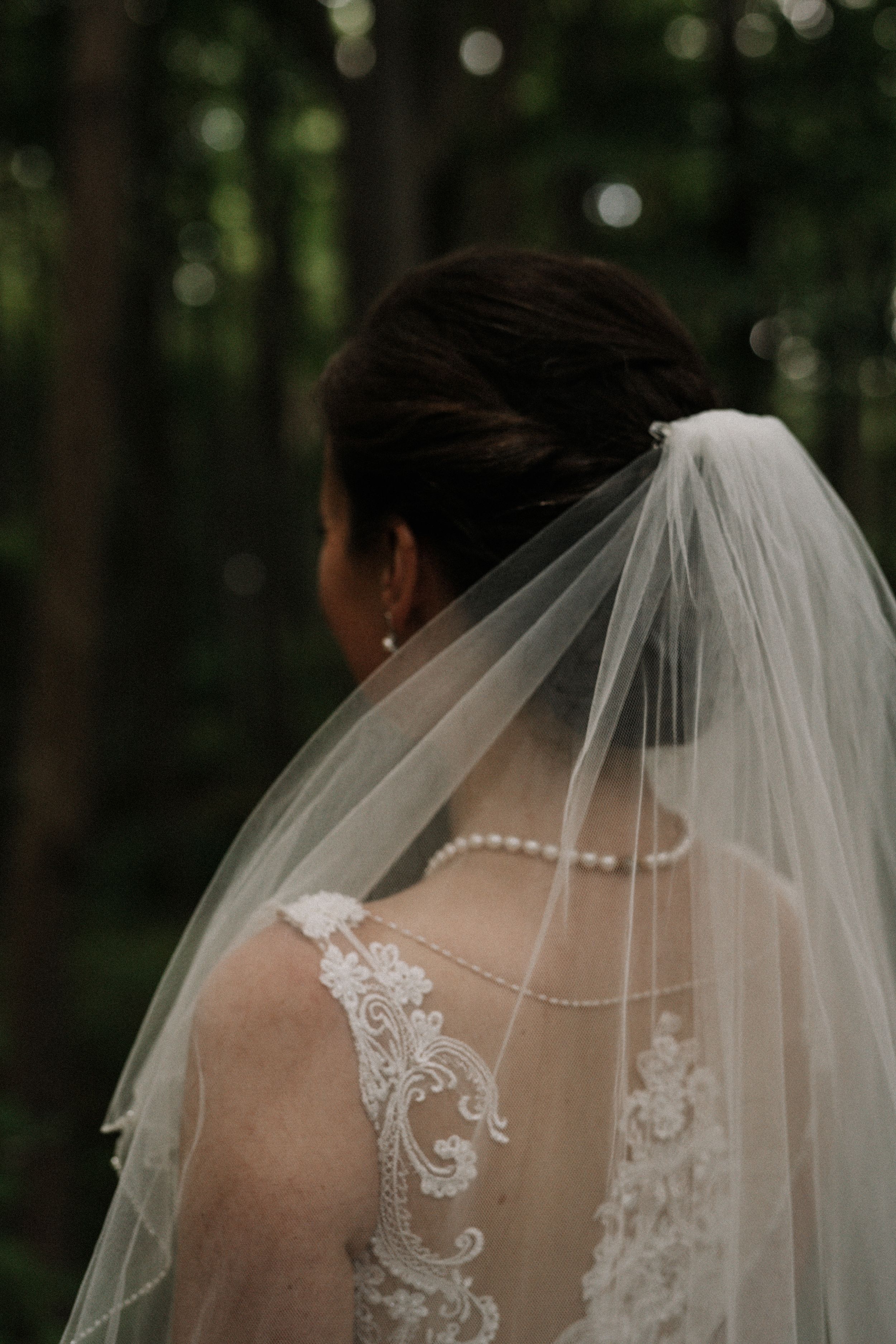 Close-up of wedding dress back detail showing intricate lace pattern and flowing veil.