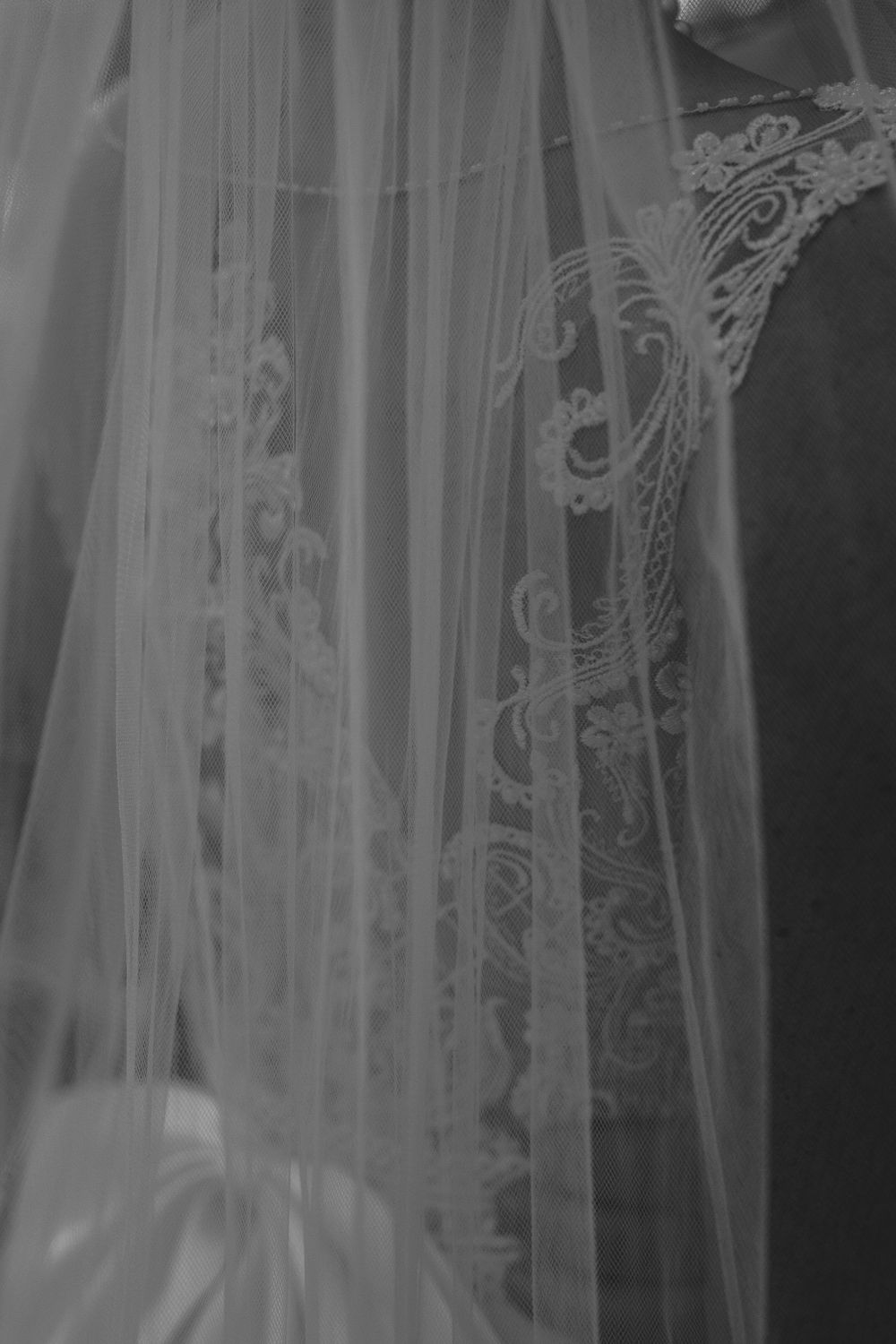 Close-up detail of delicate lace patterns on wedding dress veil.