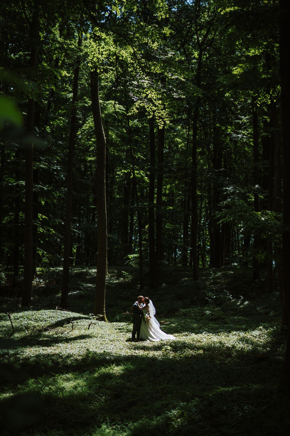 Dramatic forest wedding photo with sunlight streaming through trees.