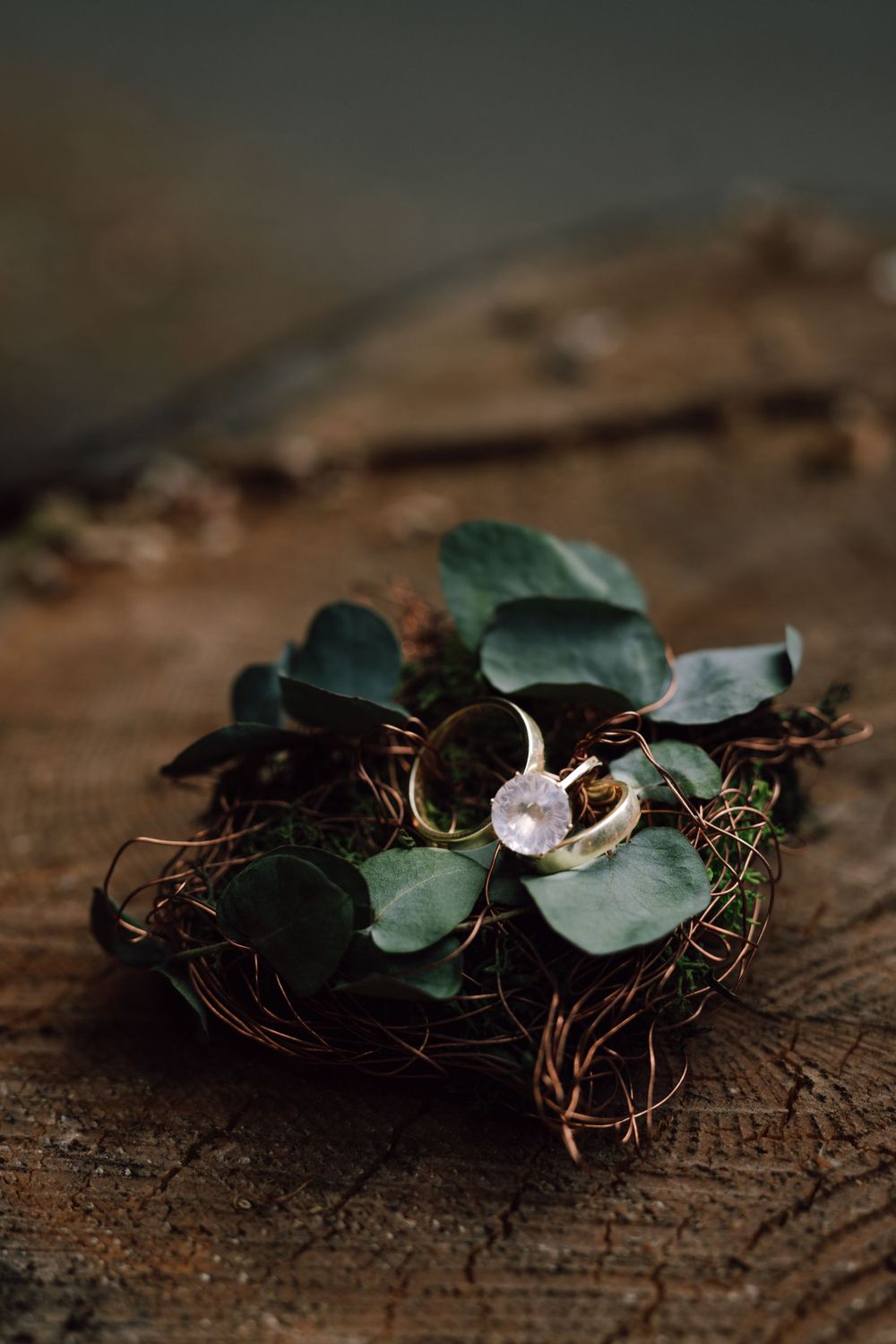 Wedding rings nestled in decorative nest with eucalyptus leaves on wooden surface.