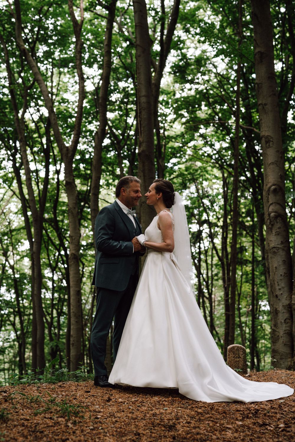 Wedding couple shares romantic moments surrounded by towering forest trees.