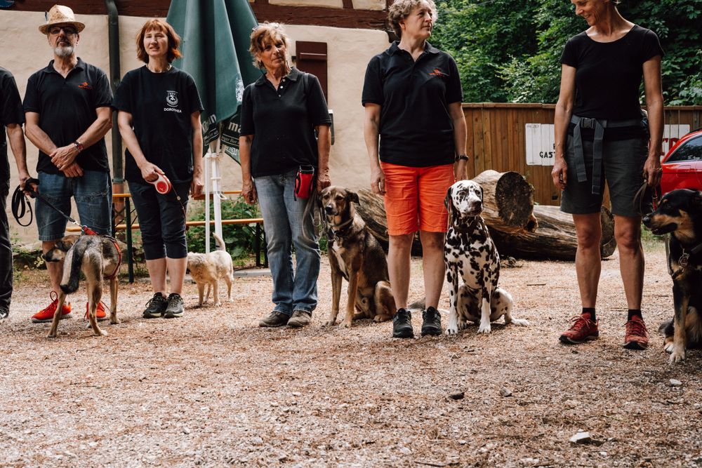 People gathered outdoors on a gravel path for a casual event.