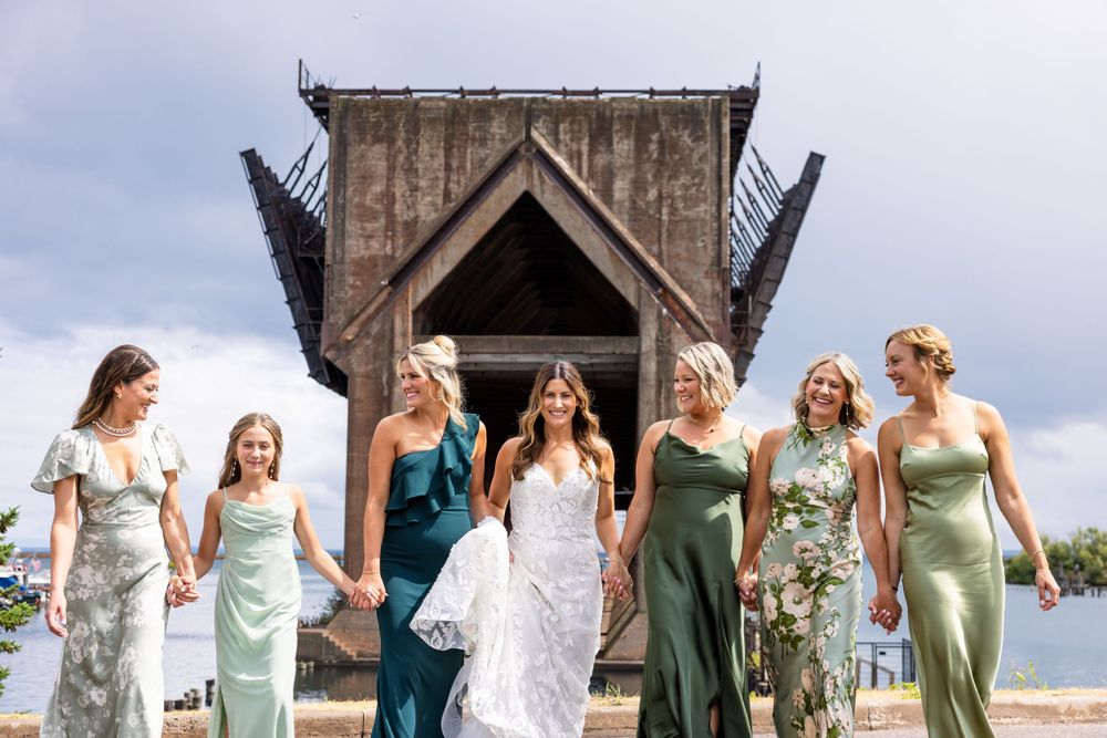 Bride and Bridesmaids in front of Ore Dock in Marquette, MI