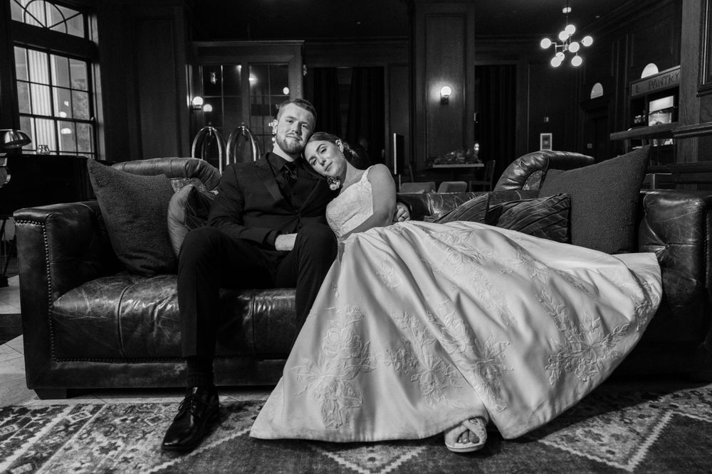 Wedding couple in Landmark Inn, in Marquette, MI
