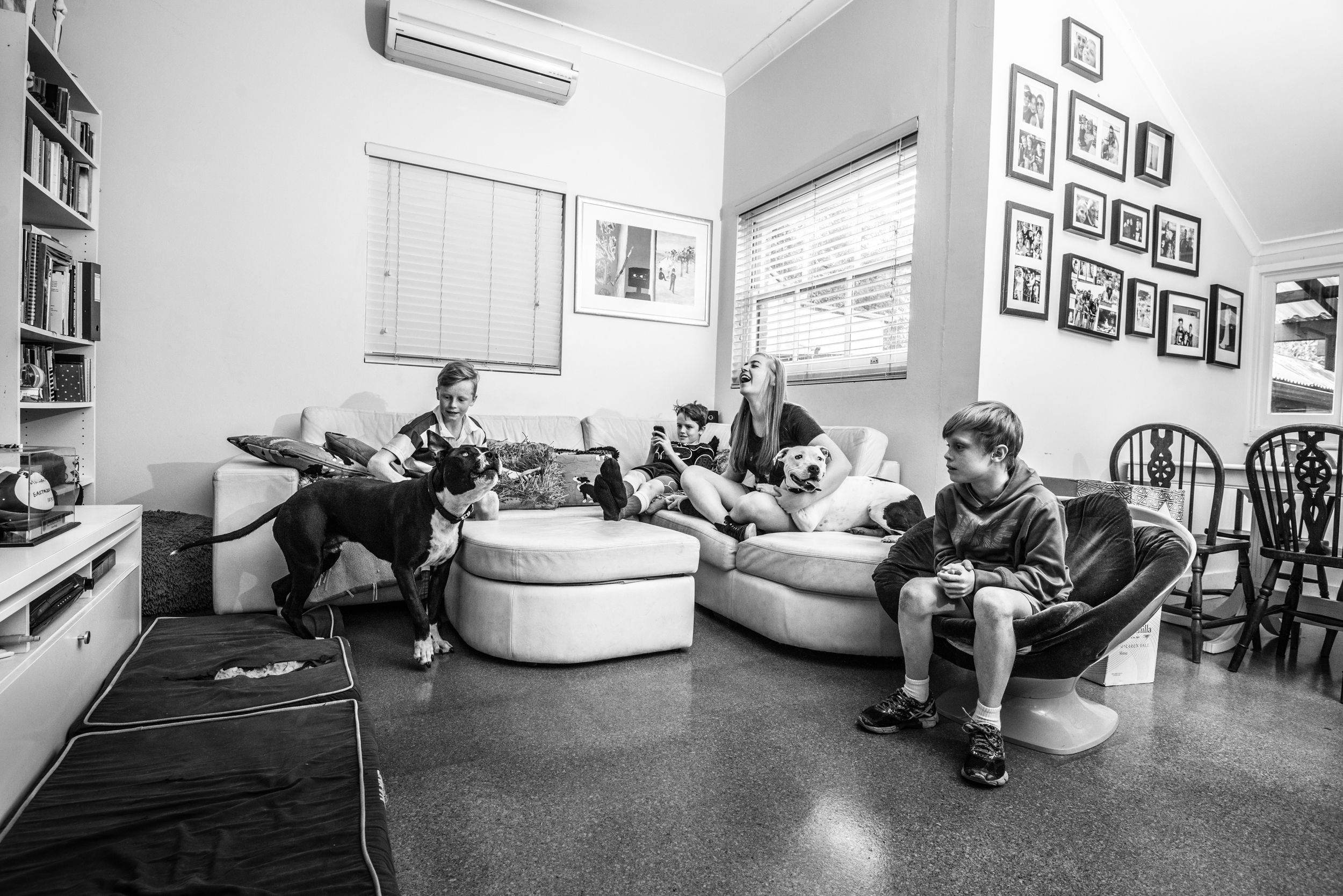 People relaxing on couches in a casual living room setting with framed photos on the walls.