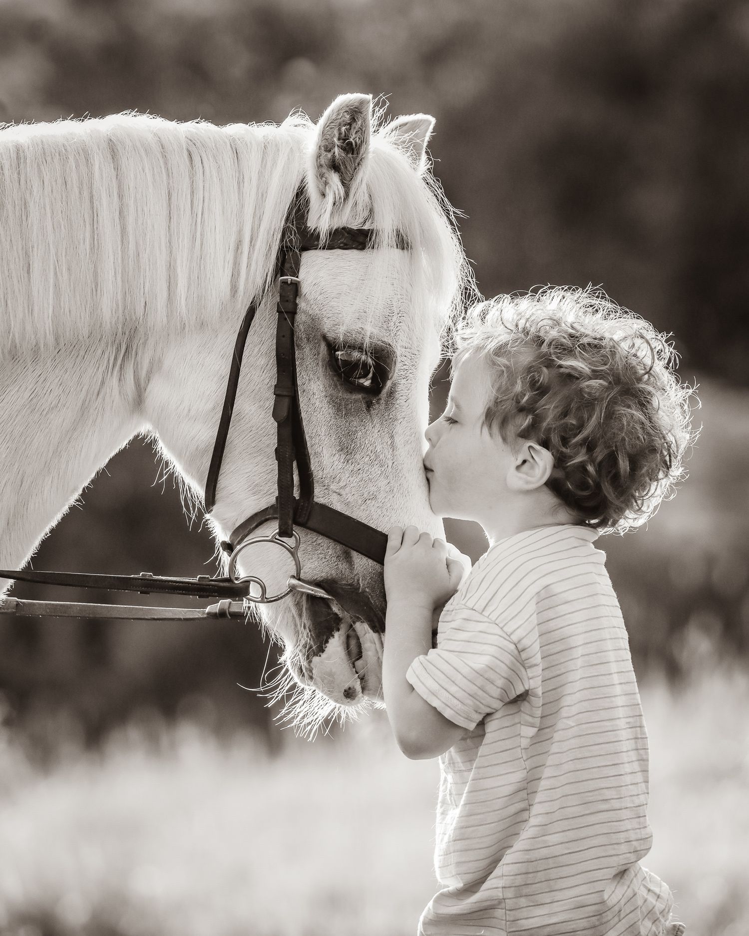 A young curly-haired boy tenderly kisses a white horse on the nose in a sweet black and white portrait.