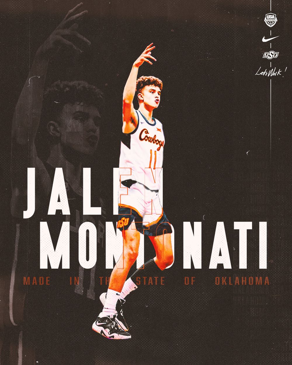 Basketball player in white Cowboys uniform leaping for a shot with text 'JALE MONTONATI' overlay.