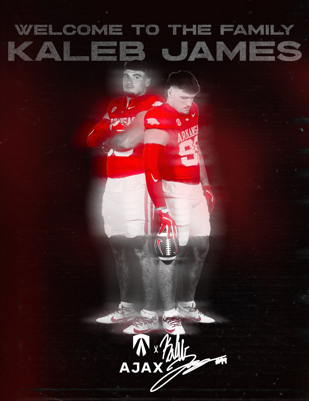 A vintage-style sports photo edit in red and black showing a football player with Ajax branding.