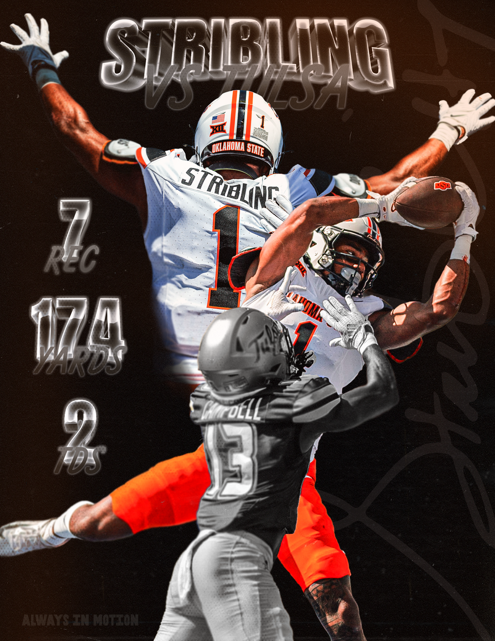 Football player making leaping catch against defender with stats overlay.