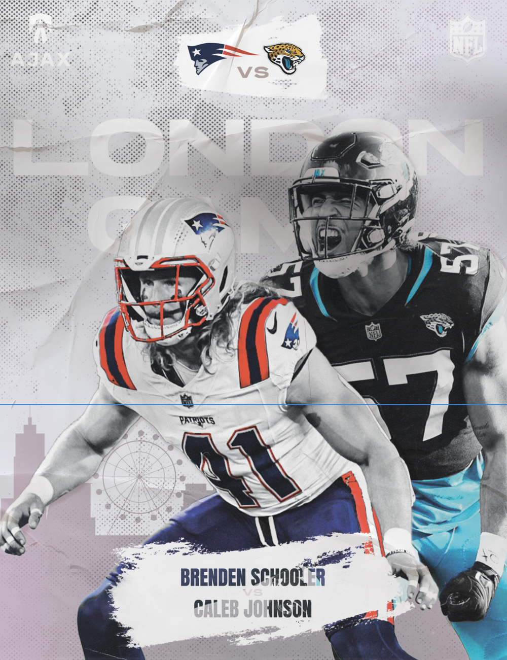 A football matchup graphic featuring Jacksonville Jaguars and New England Patriots players.