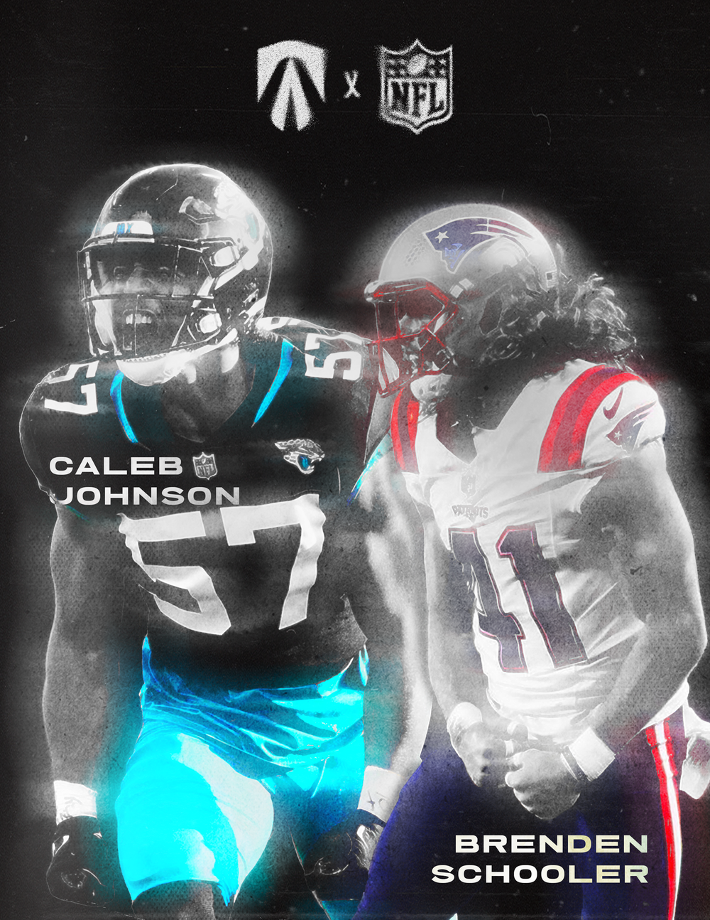 A dramatic black and white sports edit featuring NFL players from the Patriots and Jaguars.