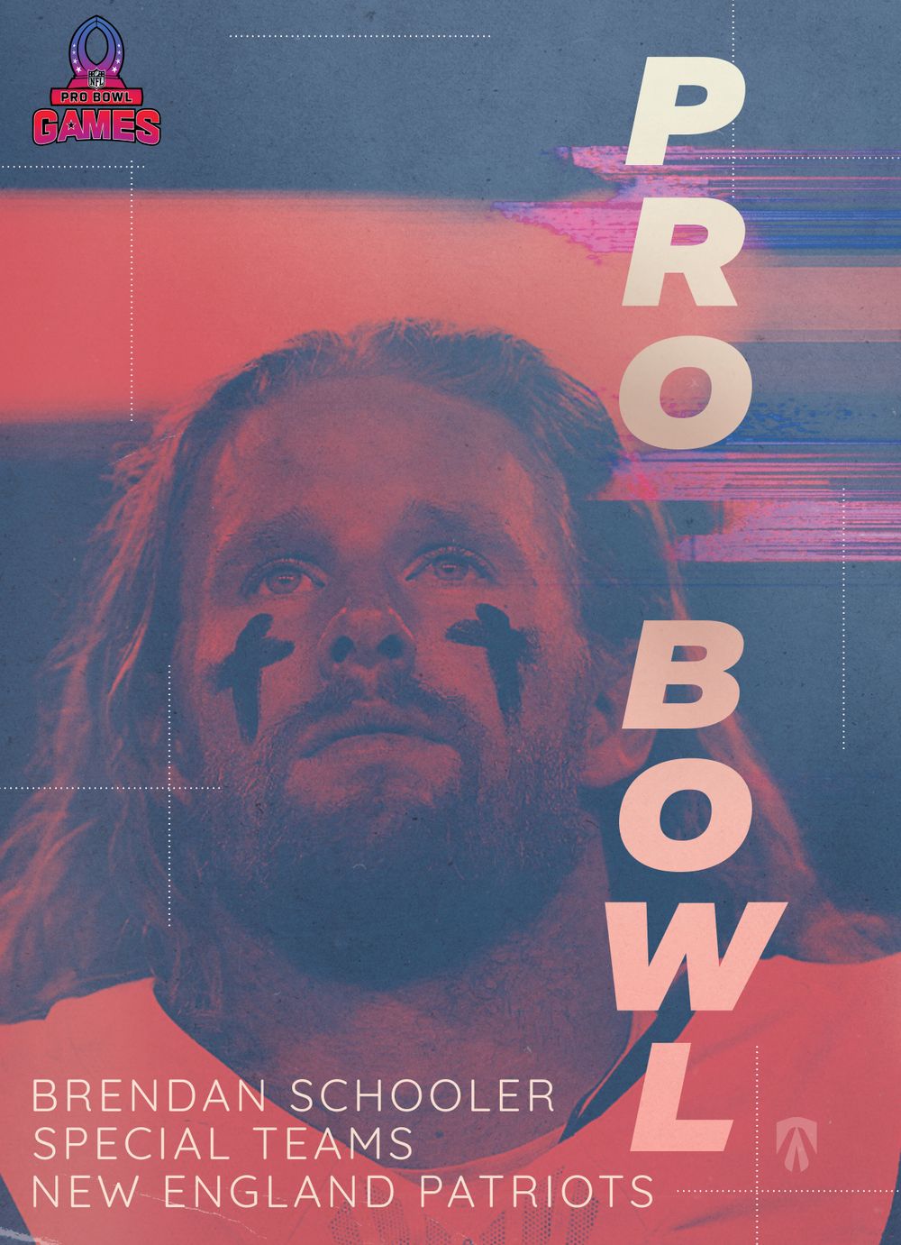 Pro Bowl promotional poster featuring Patriots player with artistic red and blue color effects.