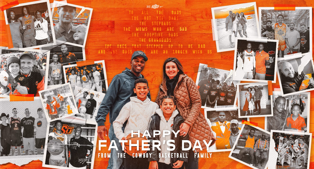 Father's Day collage with multiple family photos arranged on orange background.