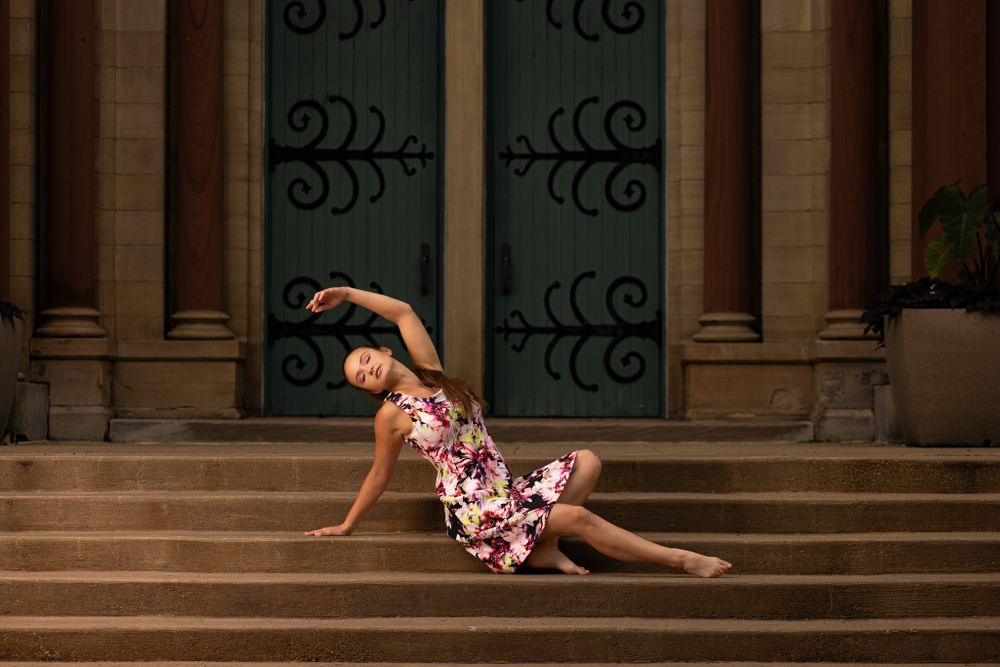 model posing in downtown Oberlin, Ohio