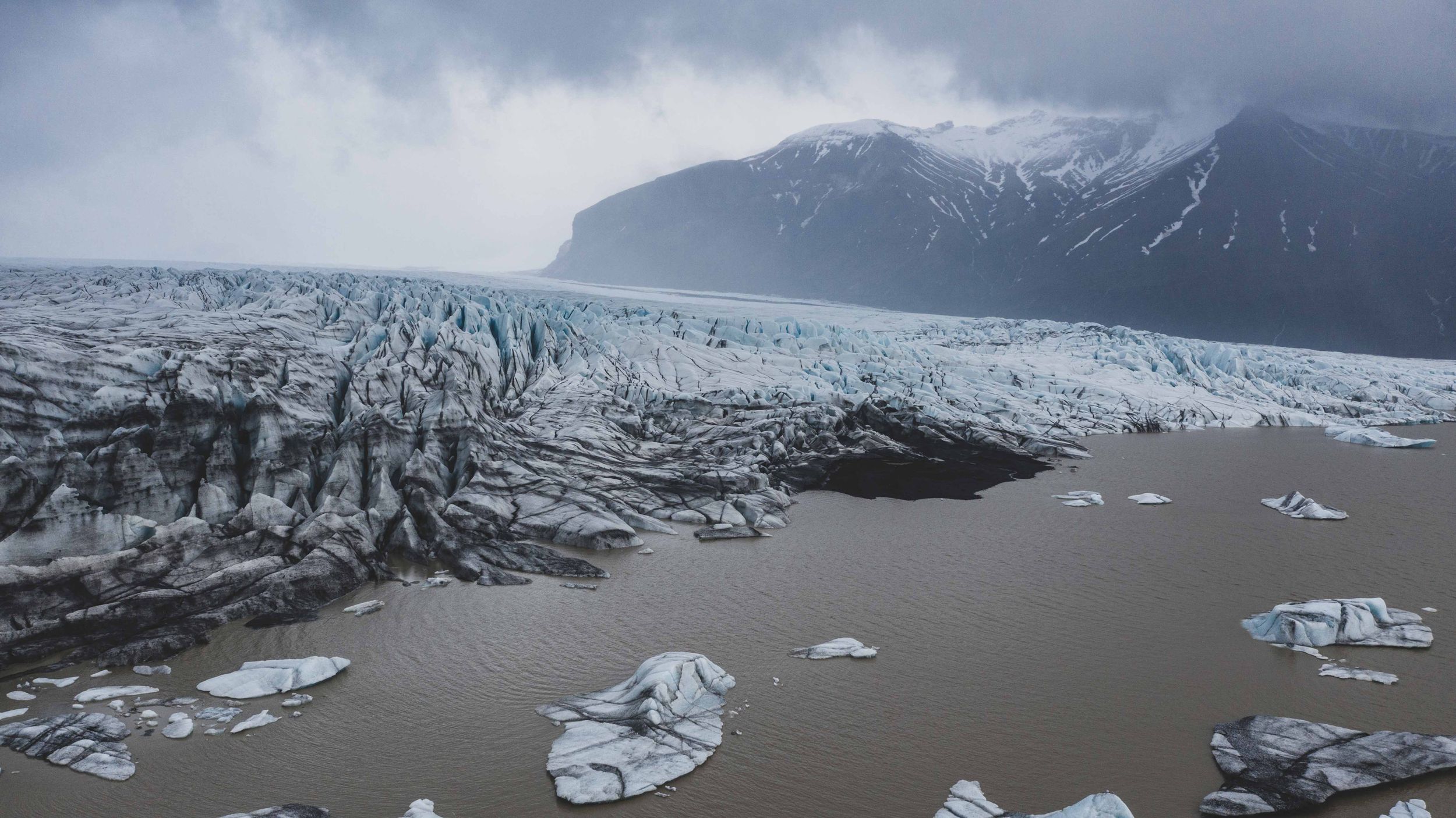 Massive glacier terminus with floating ice chunks in brown glacial lake.