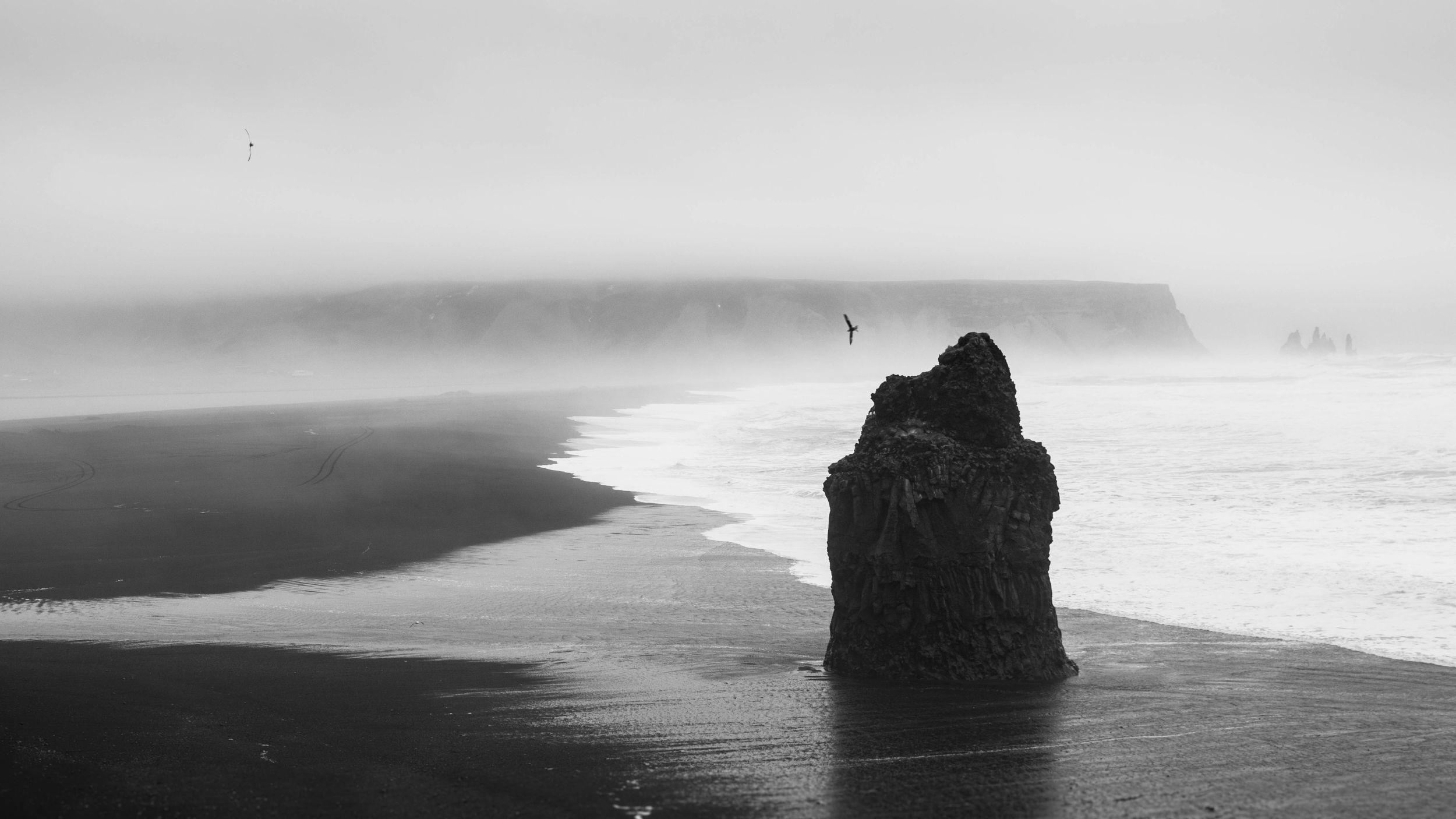 Black and white seascape featuring a dramatic sea stack rising from misty waters along a dark coastline.