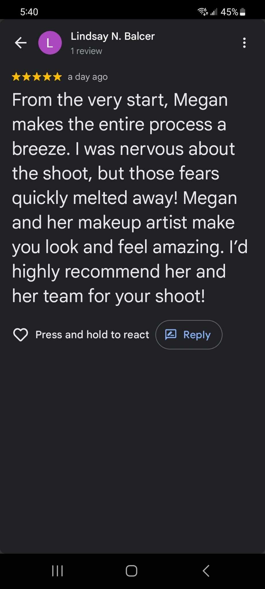 A 5-star review screenshot praising Megan and her makeup artist team for making a photo shoot experience comfortable and pleasant.