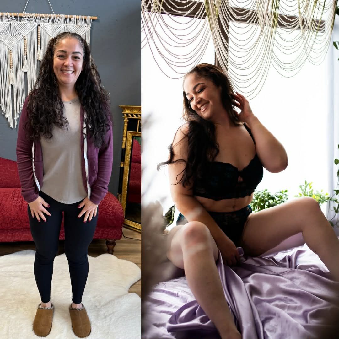 Side by side photos showing a casual everyday look and a contrasting intimate boudoir style portrait.