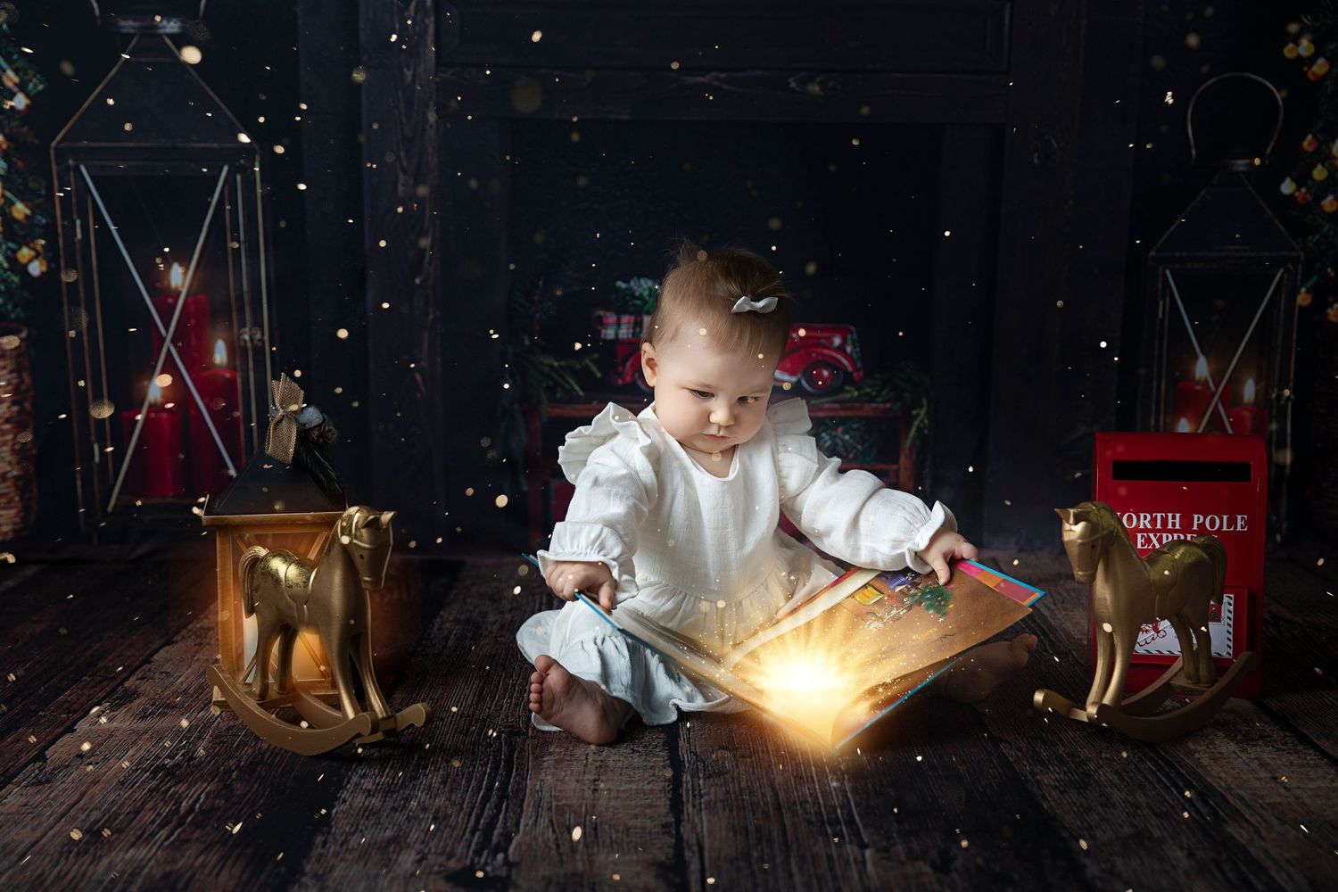 Child sitting with glowing magical book surrounded by lanterns and Christmas decor.