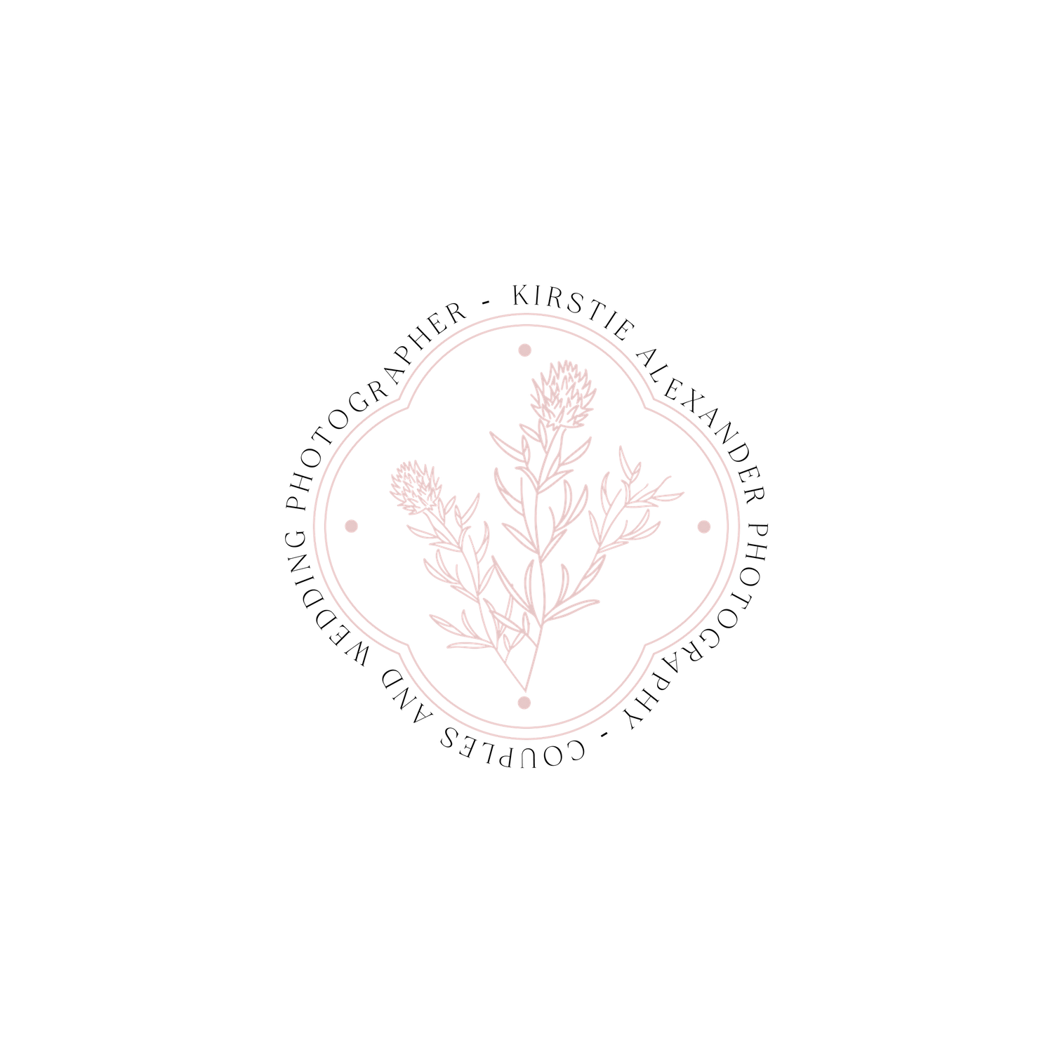 Delicate pink floral branch design enclosed in a decorative quatrefoil frame on black background.