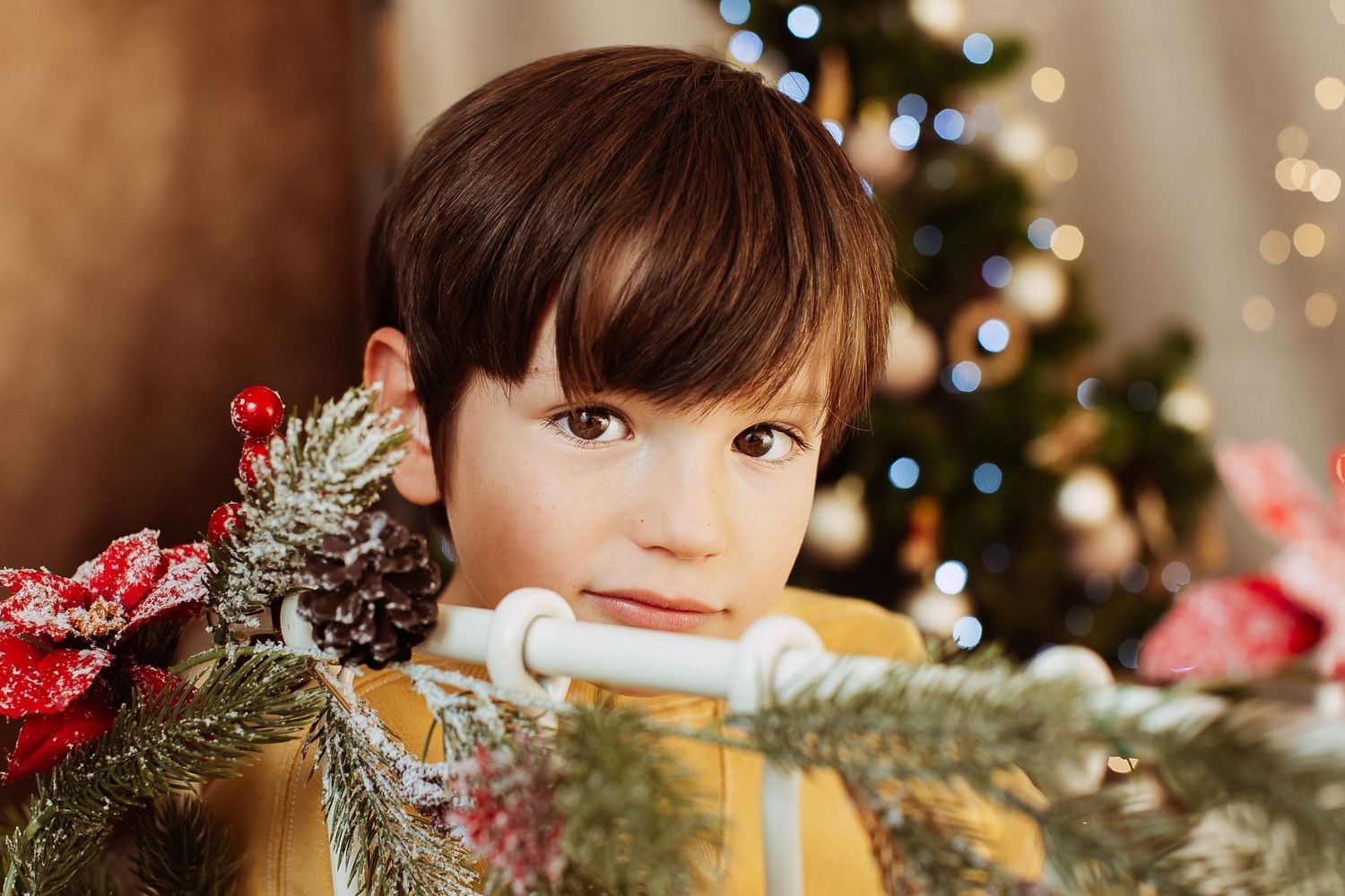 Holiday scene with decorated Christmas tree and pine cone decorations.