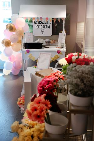 Decorative display featuring colorful balloon garlands and floral arrangements in white pots against a light interior wall.