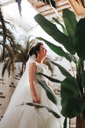 White wedding dress photographed against tropical palm leaves and stone wall backdrop.