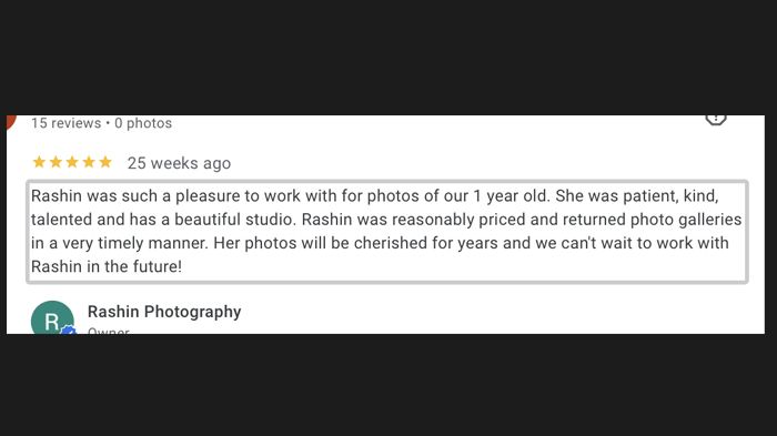 A 5-star review for Reskin Photography praising their professionalism and photography experience.