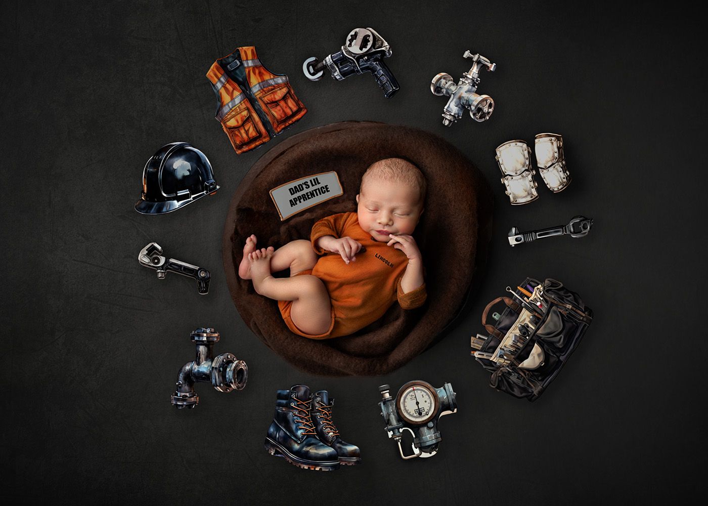 Creative newborn photographer Brisbane and Ipswich – baby boy in wooden bowl surrounded by motorcycle gear, Springfield Lakes studio portrai