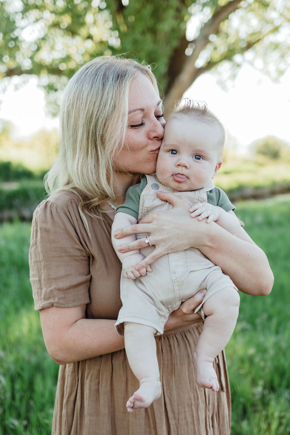 Mom with Baby Boy in Field with Tree