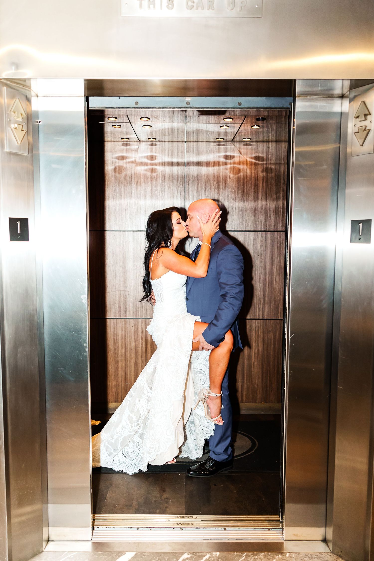 A romantic sequence of wedding photos showing a couple kissing in an elevator, captured in multiple frames.