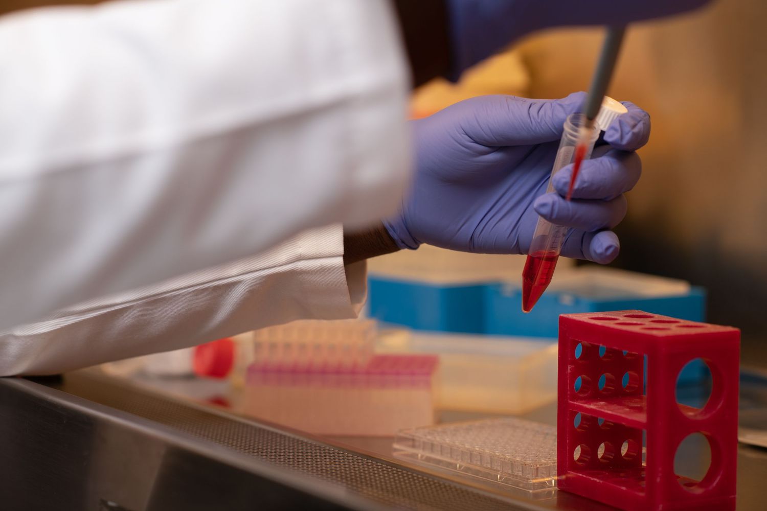 Medical professional wearing blue latex gloves performs laboratory testing with red and pink equipment on table.