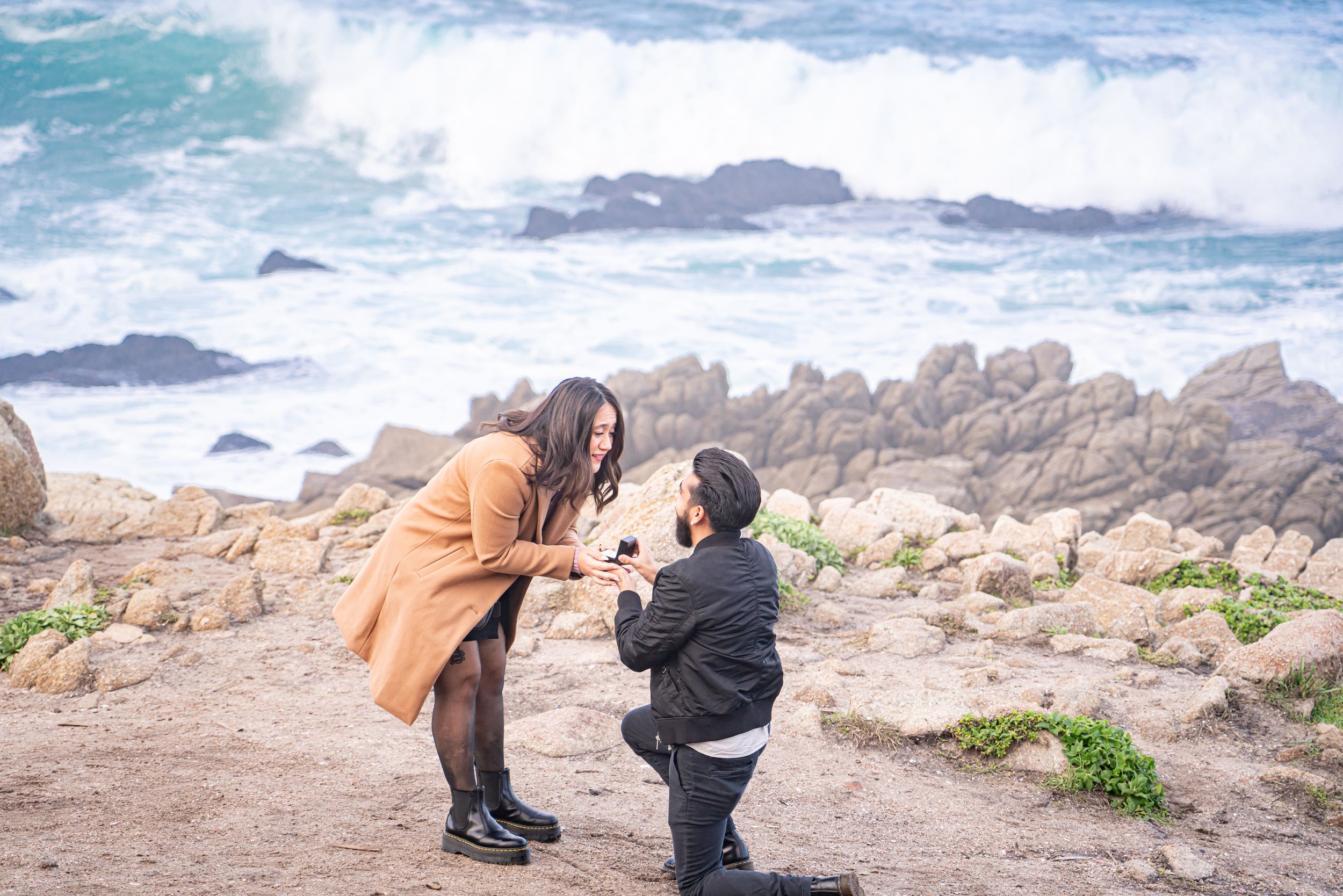 Lover's Point engagement photography in Pacific Grove, CA – A romantic seaside proposal captured with stunning ocean views, perfect for coup