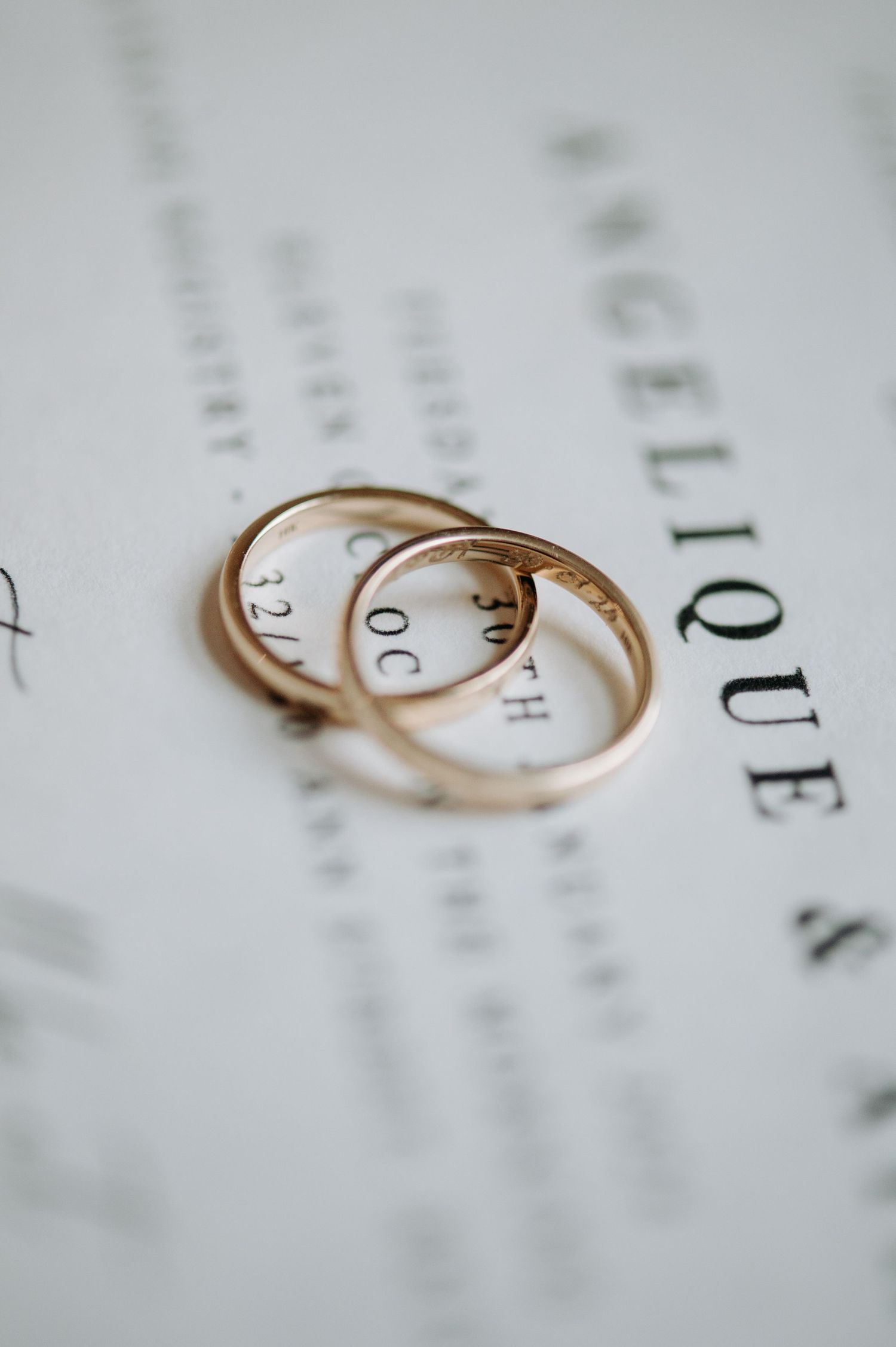 Two golden wedding rings resting on printed text in soft focus.