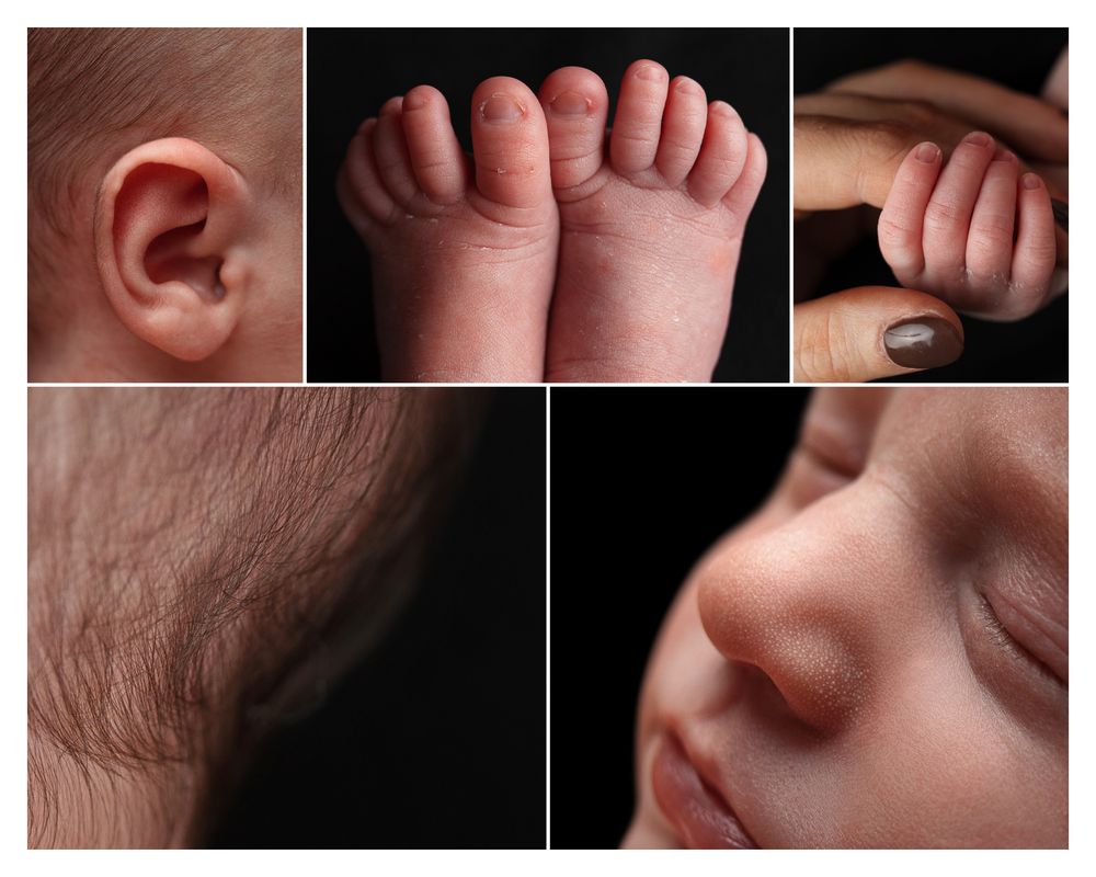 A collage of five close-up photos showing a baby's ear, toes, fingers, hair, and peaceful sleeping face.