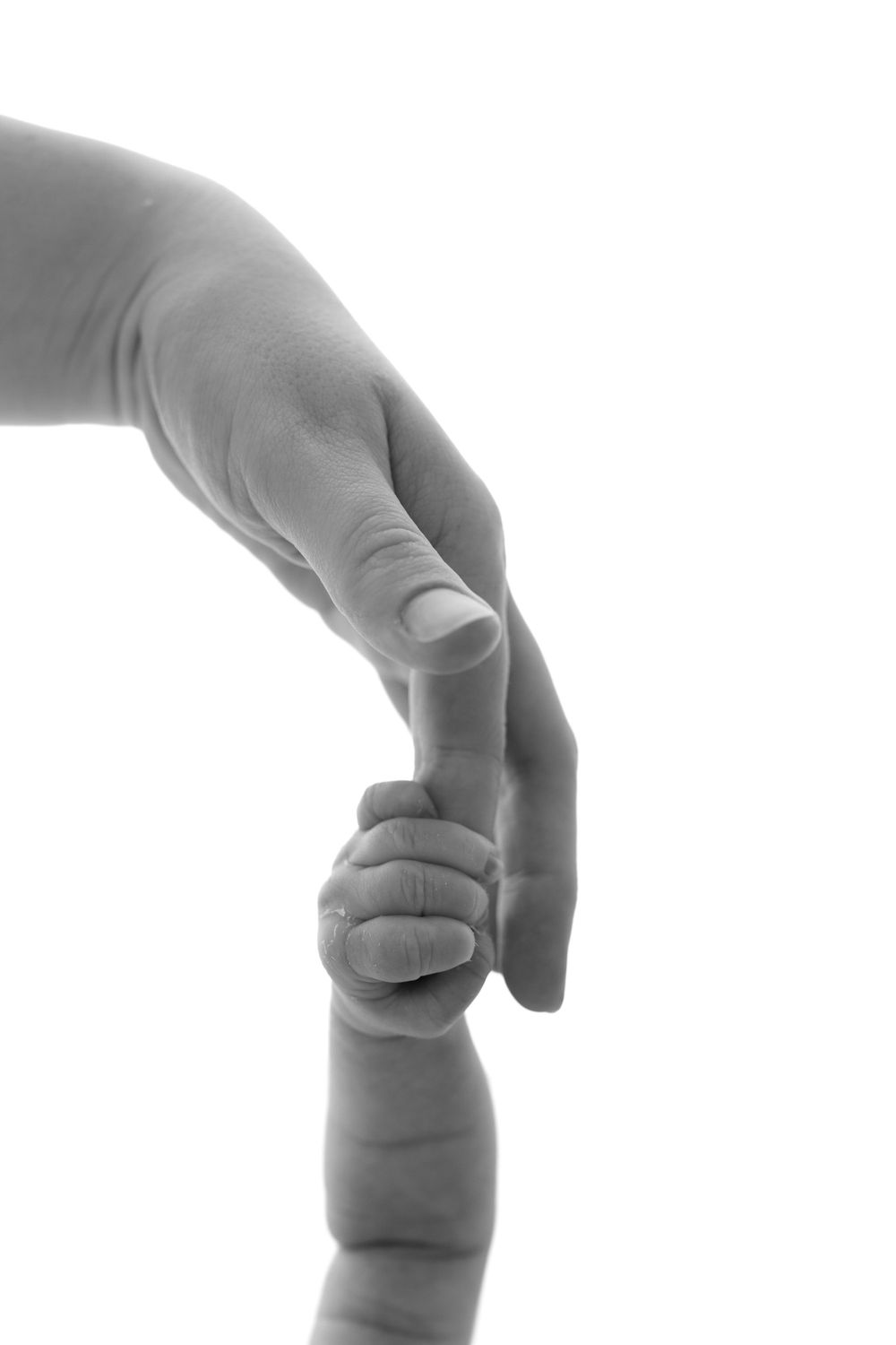 Close-up shot of an adult hand gently holding a tiny baby's fingers in black and white.