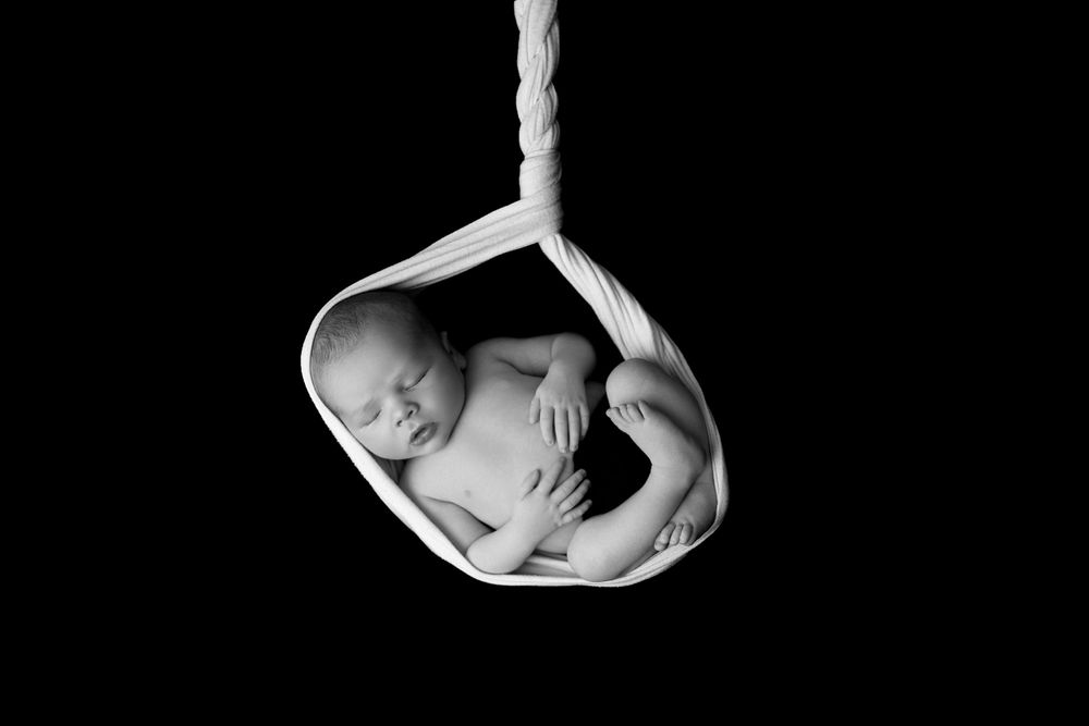 Artistic black and white portrait of newborn baby suspended in white fabric hammock.