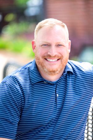 A series of headshots showing someone wearing a blue and white striped shirt smiling at the camera outdoors.