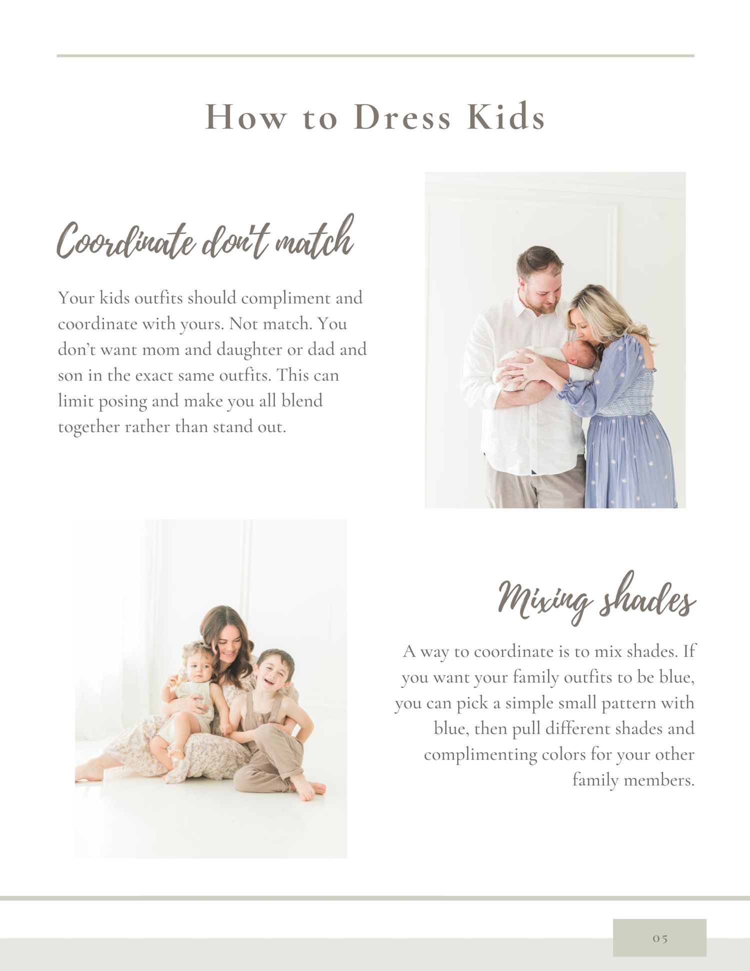 Guide on how to dress kids for family photos with tips on coordinating outfits and mixing shades.