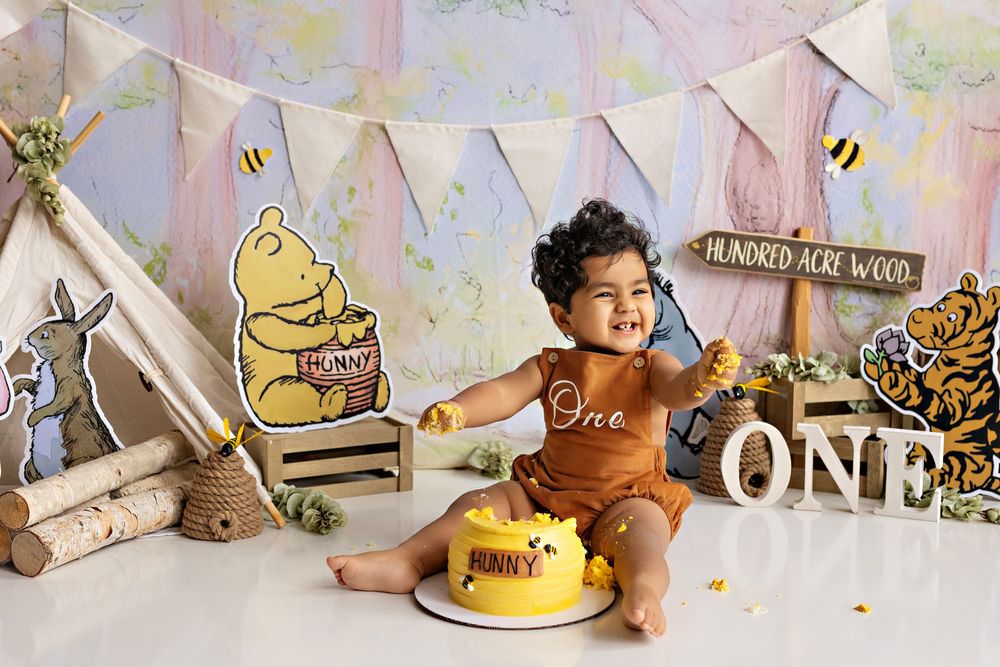 Charming collection of winnie the pooh themed cake smash photography session with honey pots and woodland decor.  Kendall Kuss Photography