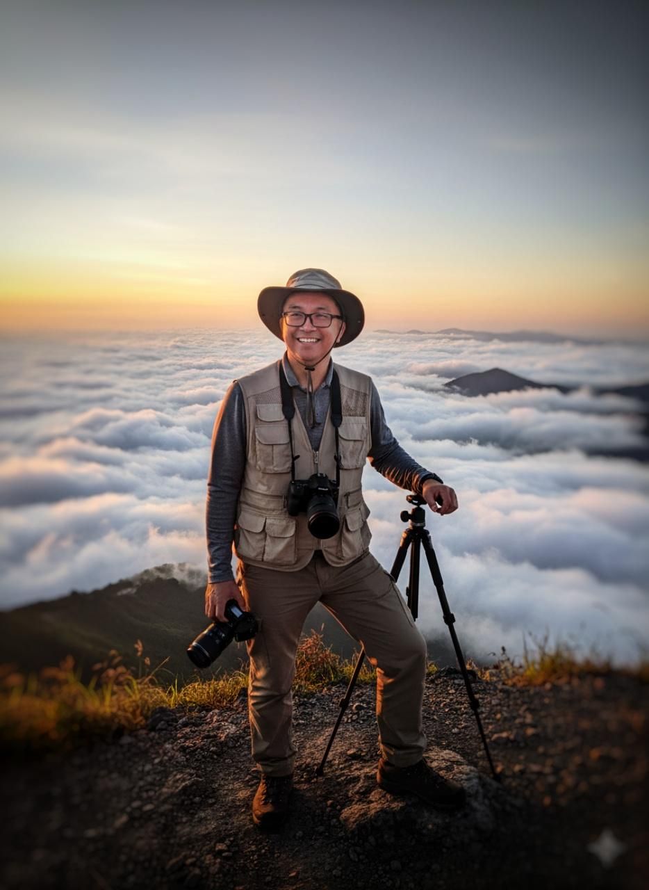 Photo of Neil on top of the mountain holding a camera and with a backdrop of a sea of clouds.