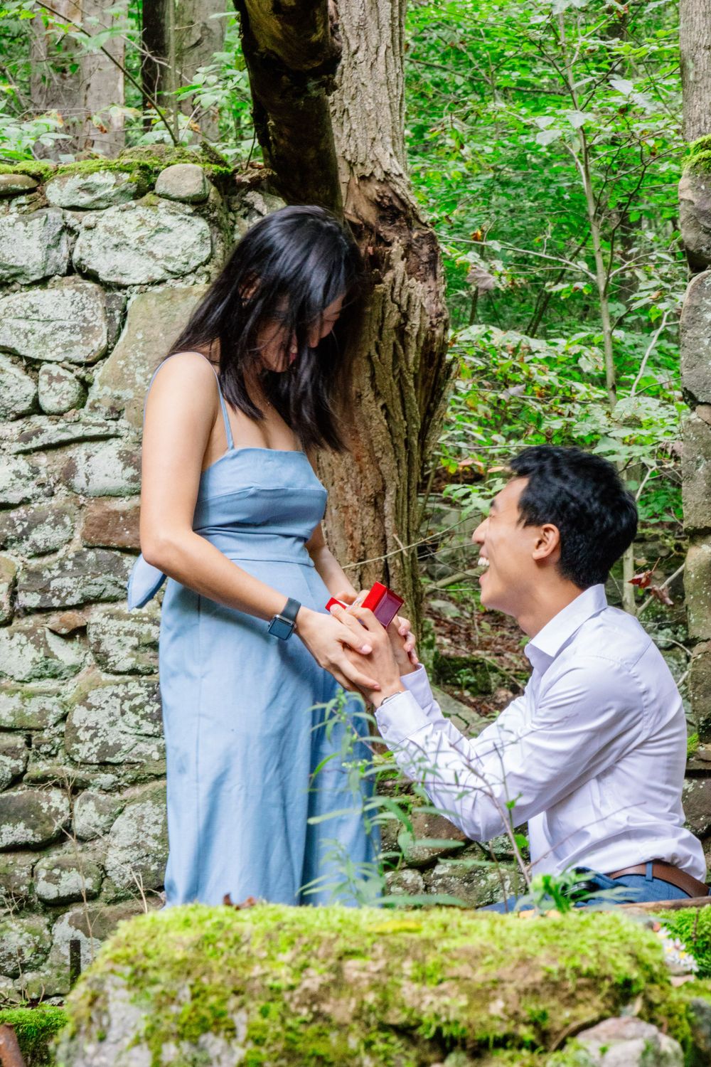 Man kneeling on one knee proposing to woman in blue dress in lush forest with stone wall backdrop.
