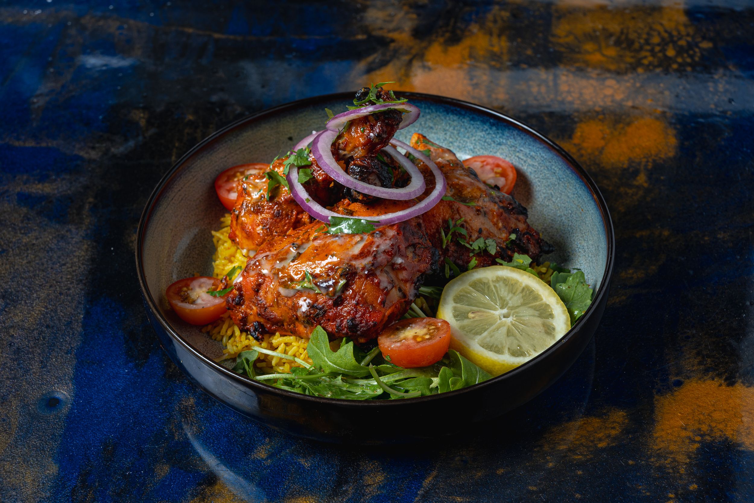 Tandoori chicken dish photographed by LeVar Hage Photography, a Charlotte restaurant food photographer.