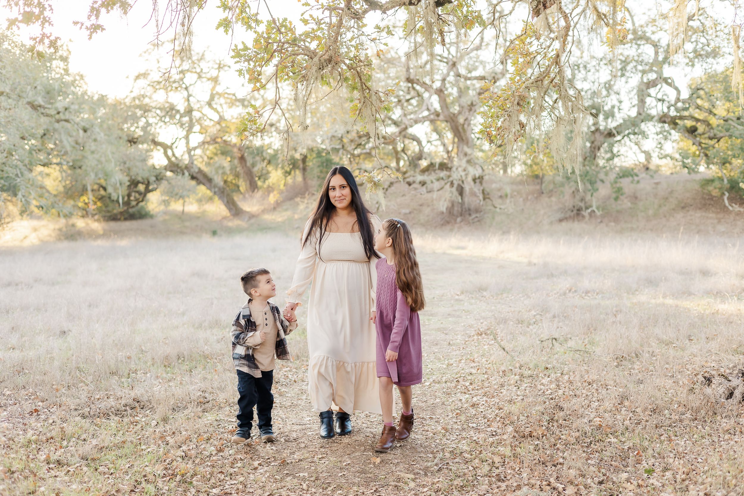 mom walking with kids under a large tree in light and airy photo session. bright. Sonoma County, Santa Rosa, crane creek.