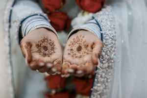 Hands with intricate henna designs displayed upward showing detailed mehndi patterns against light colored fabric.