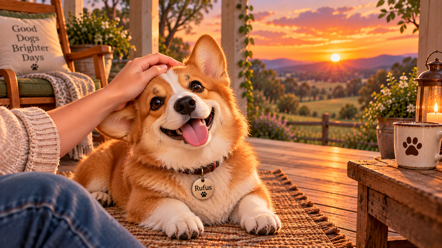 Whiskers & Co song Rufus – happy corgi being gently patted on a verandah at sunset